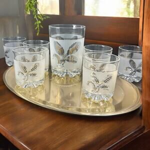 Vtg- DeValBor Italian Frosted Gold Leaf Wheat Pattern Ice Bucket and 6 Glasses